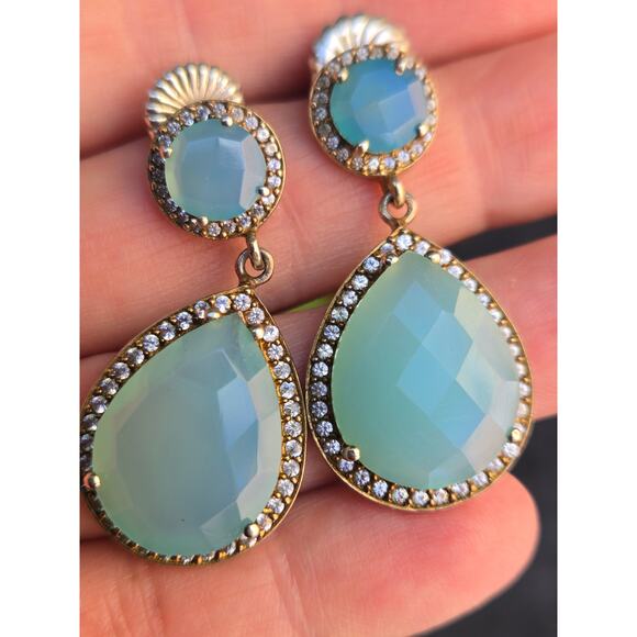 Vintage Pear Blue Chalcedony Fancy Cut, CZ in Sterling, Gold Plated Earrings - Picture 8 of 10